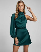 Astra Mini Dress by Lauven – Luxurious one-shoulder emerald satin mini dress with a sleek silhouette.