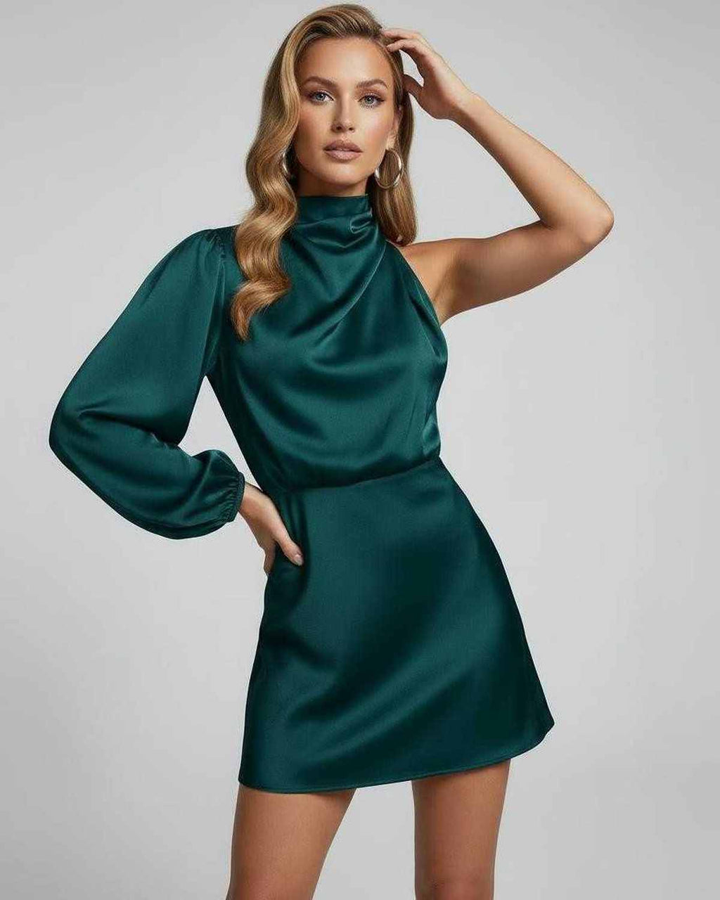 Astra Mini Dress by Lauven, luxurious one-shoulder satin dress in deep emerald color, showcasing elegance and modern style.