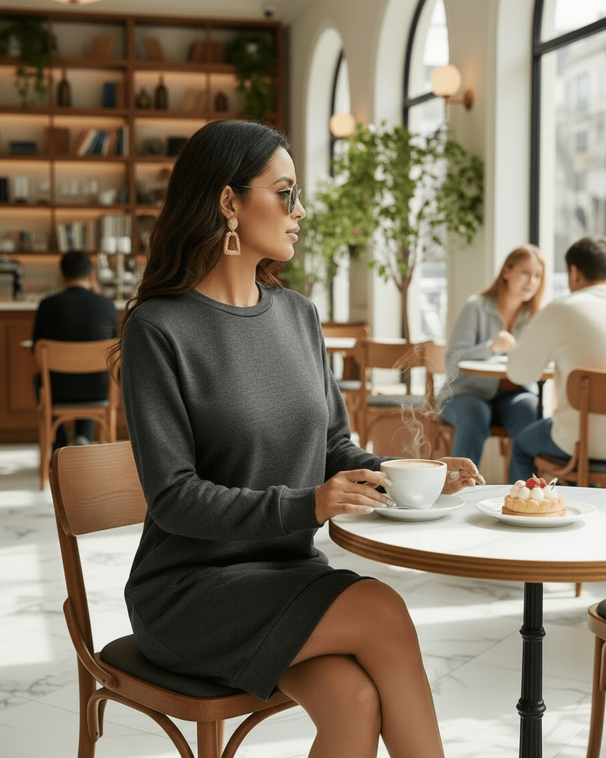 Woman in Astrid Mini Dress by Lauven, enjoying coffee in a cafe, showcasing casual dark charcoal style.