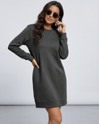 Astrid Mini Dress by Lauven - Casual dark charcoal sweatshirt dress with pockets and relaxed fit.