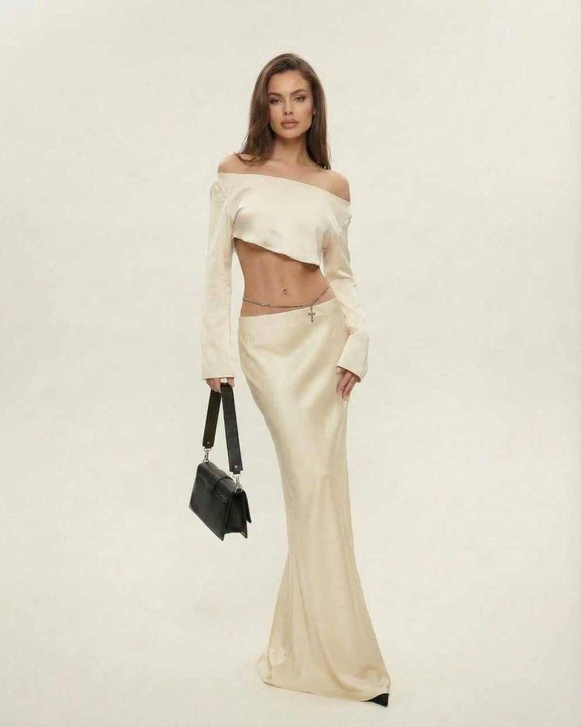Aura Midi Dress by Lauven in luxurious champagne satin finish, featuring elegant off-shoulder design and sleek silhouette.