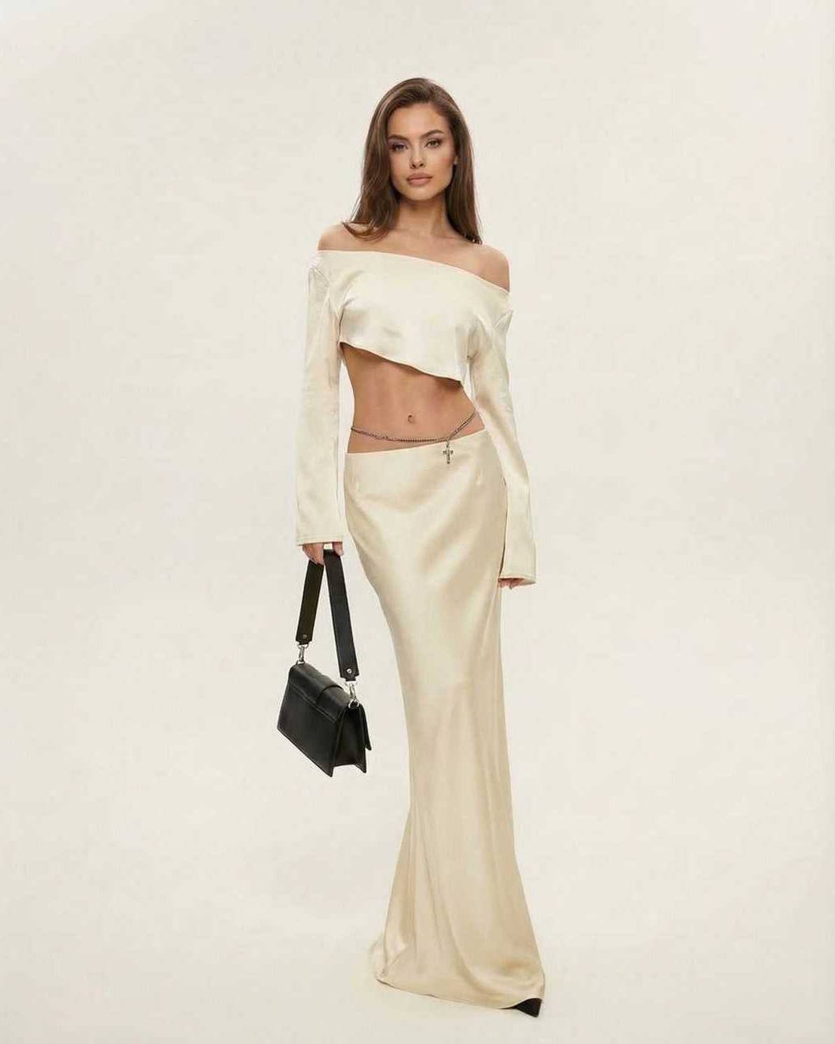 Aura Midi Dress by Lauven in luxurious satin champagne finish, showcasing modern elegance.