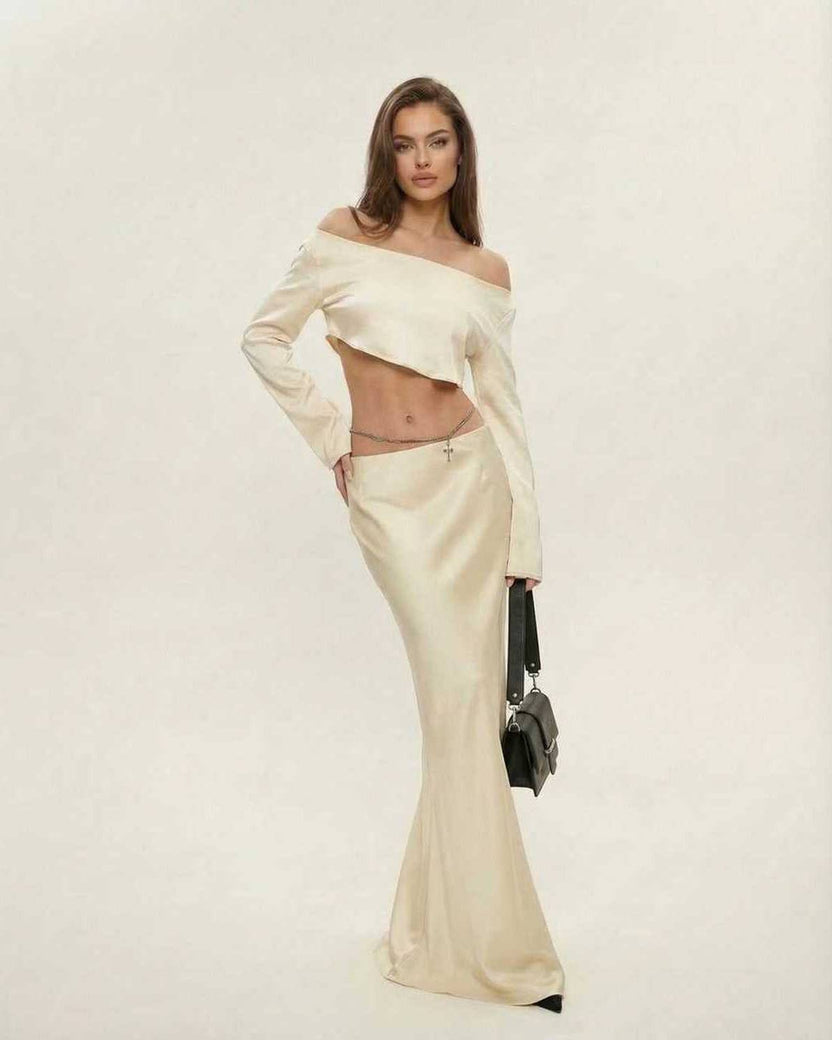 Aura Midi Dress by Lauven, featuring a luxurious satin finish in champagne, perfect for upscale events.