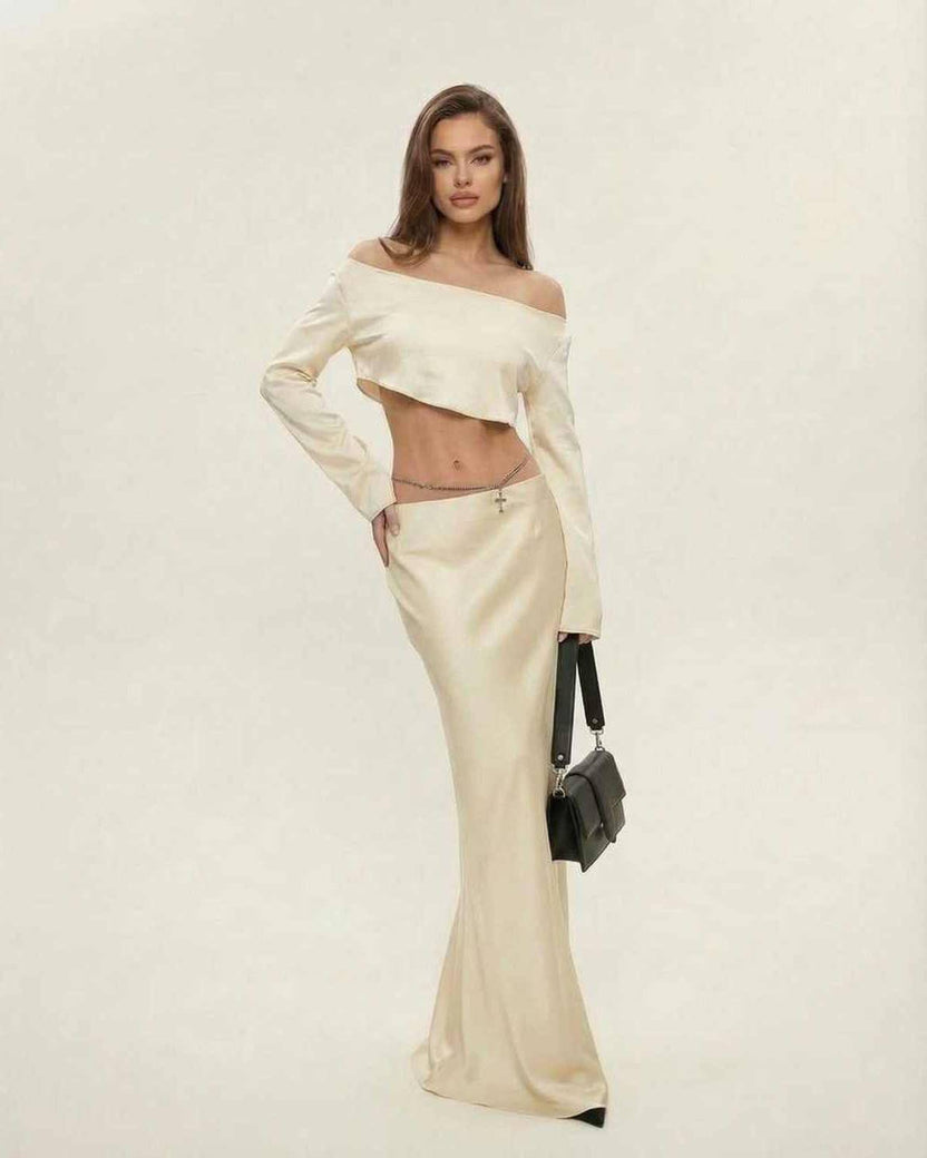 Aura Midi Dress by Lauven, featuring a luxurious satin finish in elegant champagne color.