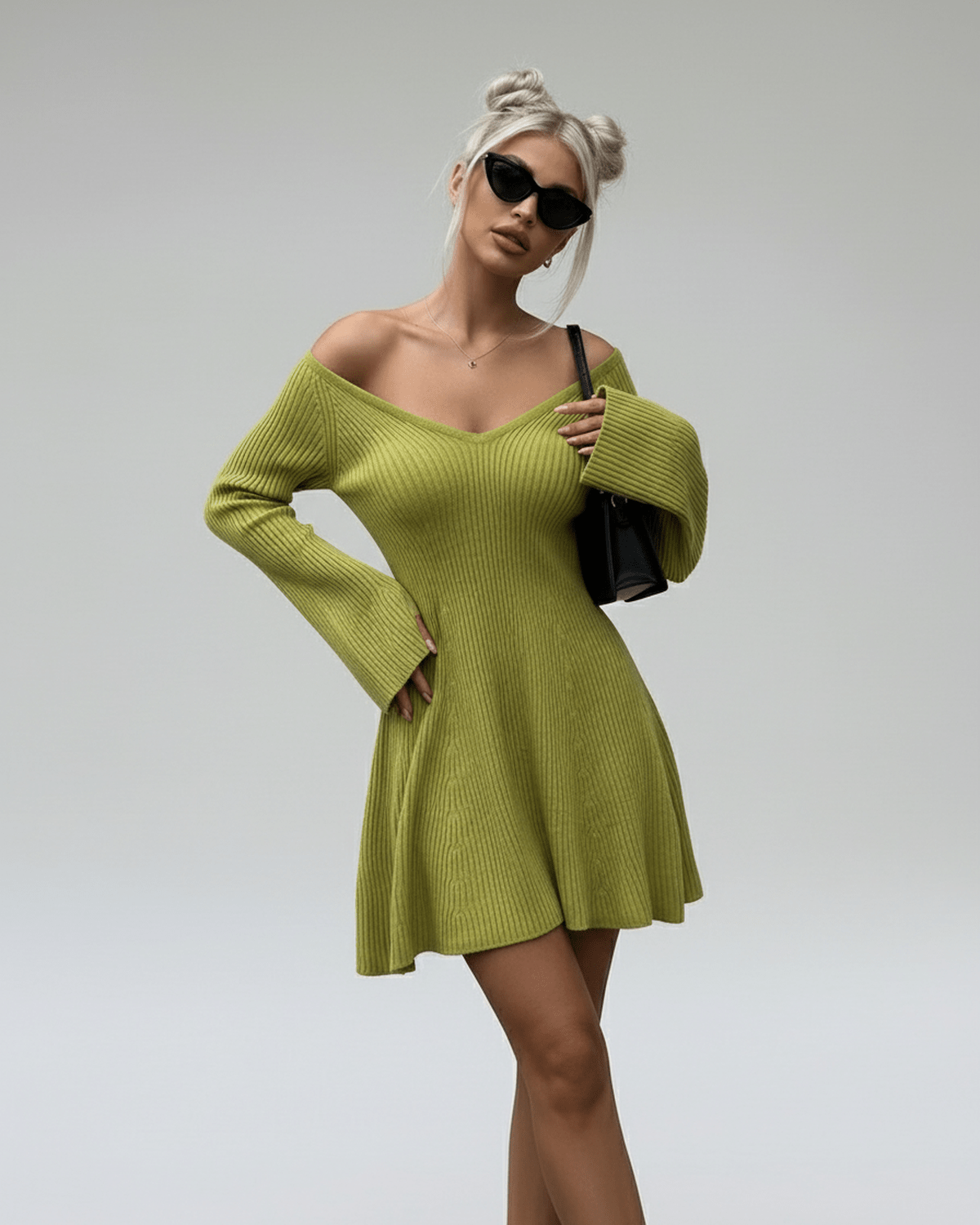 Aura Mini Dress by Lauven in slim fit green knit with V-neck and flared cuffs, perfect for stylish occasions.