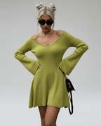 Aura Mini Dress by Lauven in slim fit green knit with V-neck and flared sleeves.