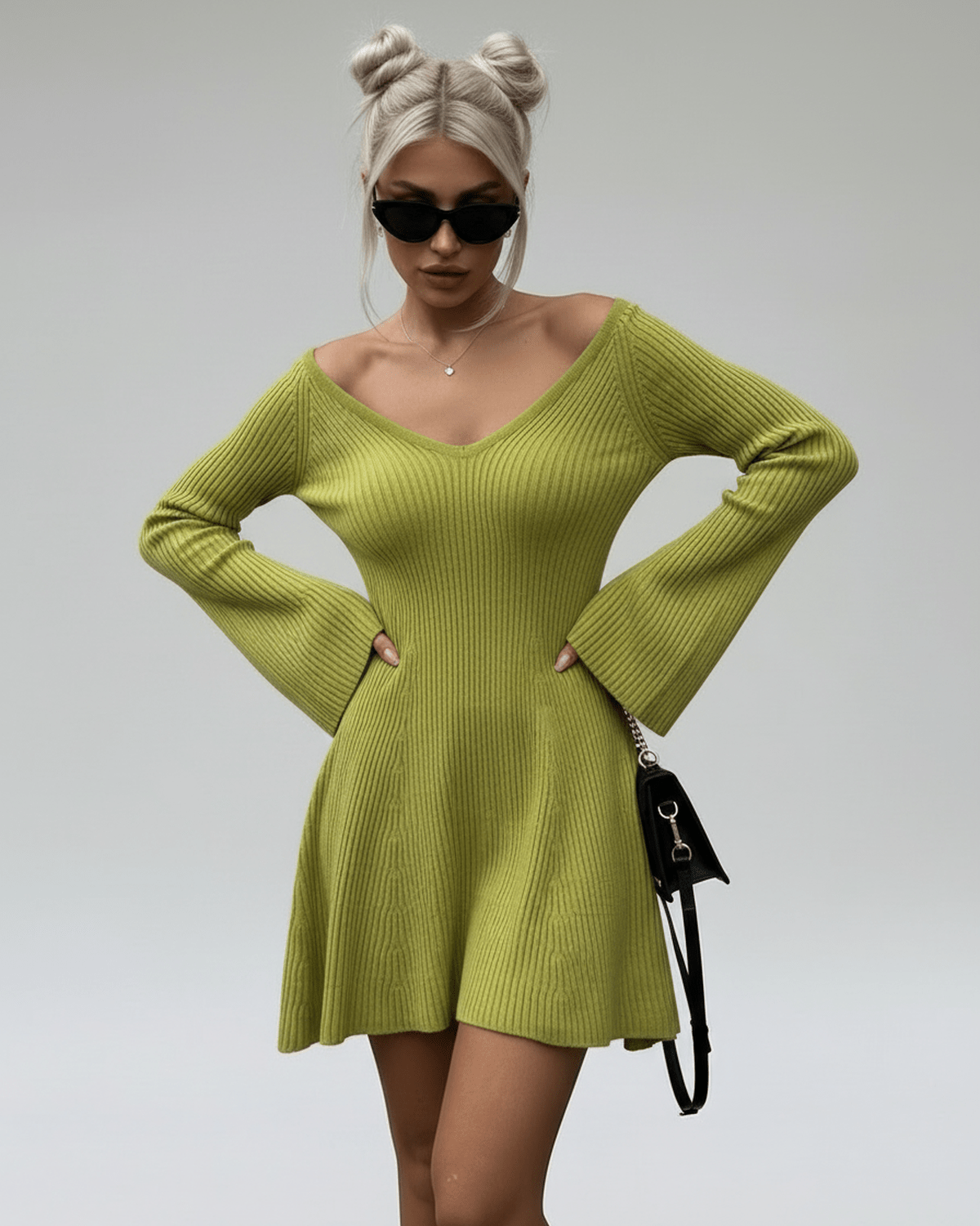 Aura Mini Dress by Lauven in slim fit green knit with V-neck and flared sleeves.