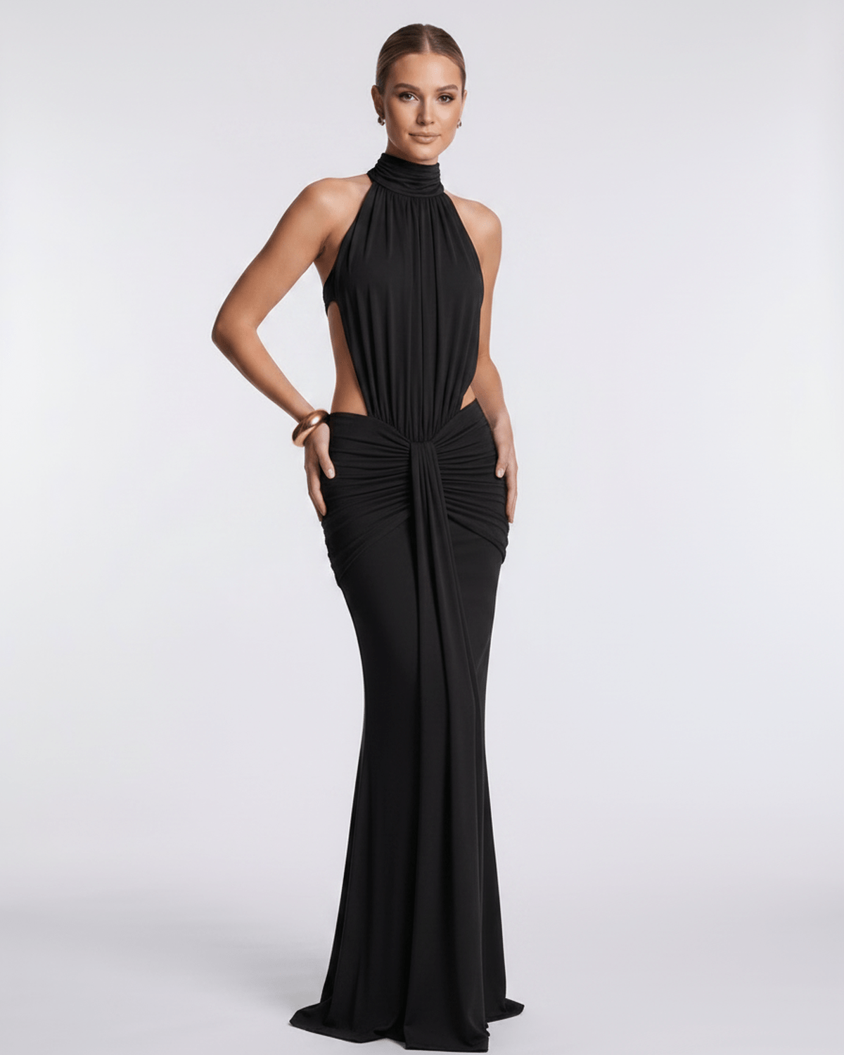 Aurelia Maxi Dress by Lauven, featuring stretch fabric, high neck, and a body-skimming silhouette for elegant evenings.