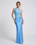 Aurelia Maxi Dress showcasing one shoulder design, blue polyester fabric, and elegant high waist for a sleek silhouette by Lauven.