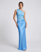 Aurelia Maxi Dress showcasing one shoulder design, blue polyester fabric, and elegant high waist for a sleek silhouette by Lauven.