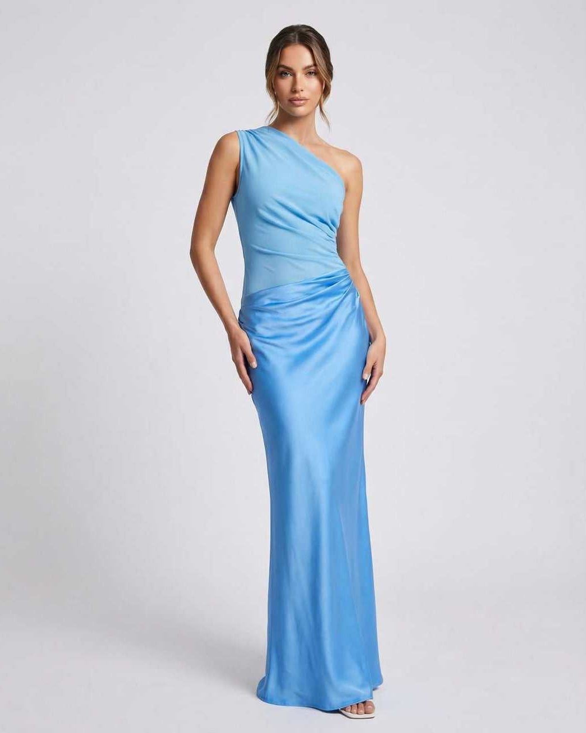 Aurelia Maxi Dress showcasing one shoulder design, blue polyester fabric, and elegant high waist for a sleek silhouette by Lauven.