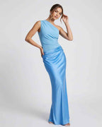 Aurelia Maxi Dress showcasing elegant one shoulder design, smooth blue fabric, and sophisticated high waist by Lauven.