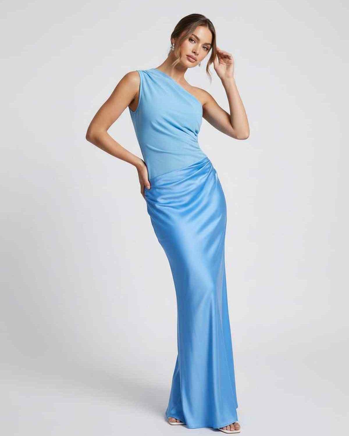 Aurelia Maxi Dress showcasing elegant one shoulder design, smooth blue fabric, and sophisticated high waist by Lauven.