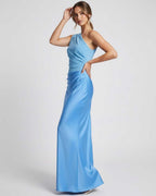 Aurelia Maxi Dress side view, blue one shoulder design with elegant drape, from Lauven brand.