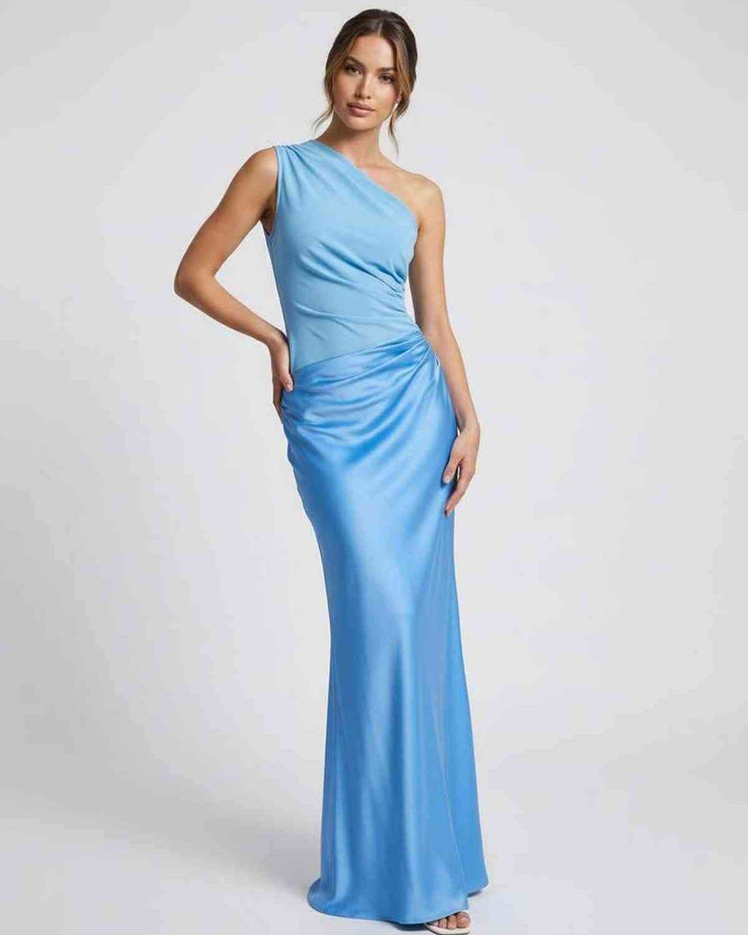 Aurelia Maxi Dress - blue one shoulder design, silky drape, elegant silhouette by Lauven, perfect for formal events.