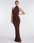 Aurelia Maxi Dress in brown, high neck, soft gathering design, by Lauven for a refined evening look.