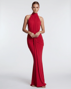 Aurelia Maxi Dress in red, featuring stretch fabric, high neck, body-skimming silhouette, from Lauven.