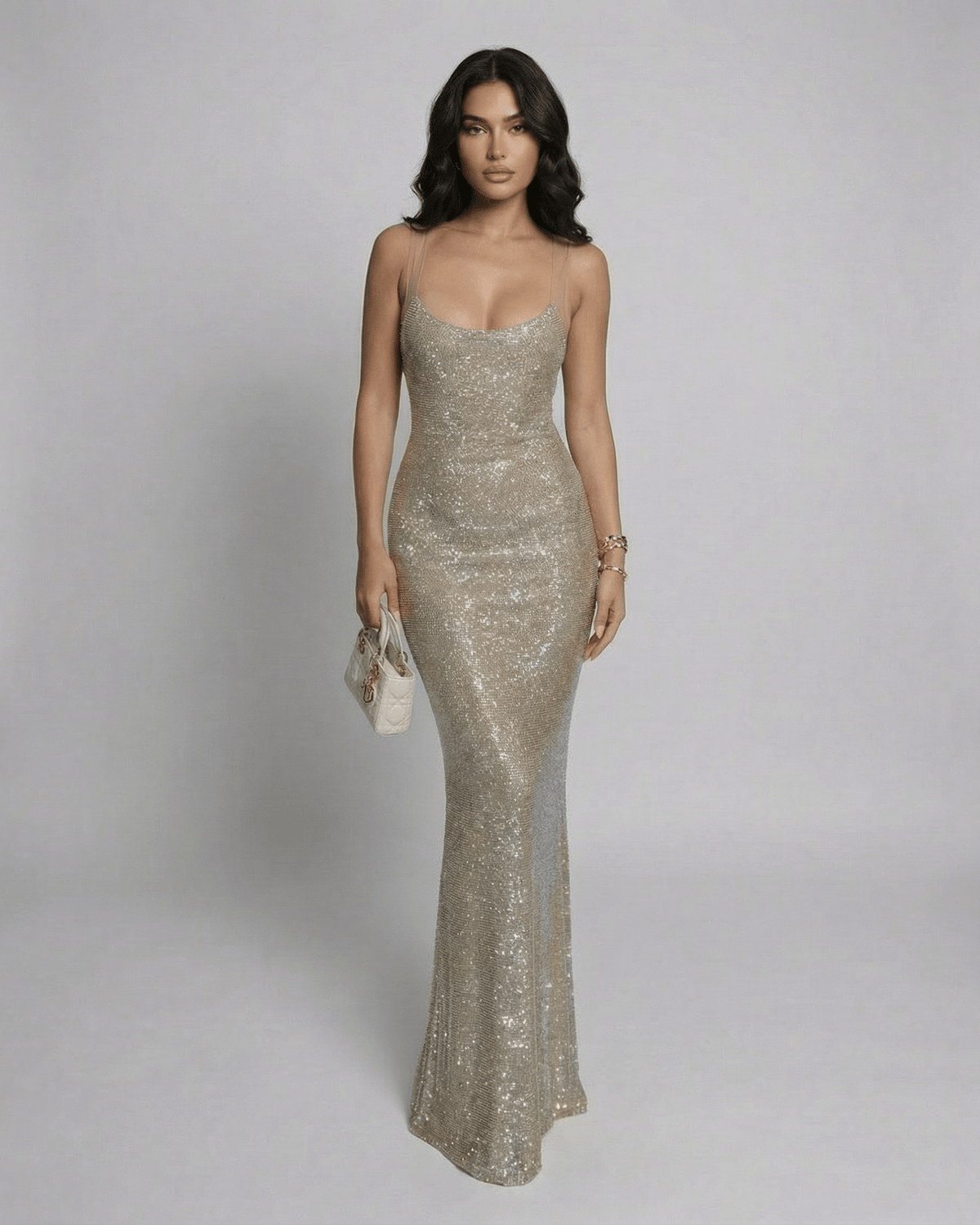 Aurelia Maxi Dress by Lauven, sequin sleeveless U-neck evening gown in champagne-gold tone.