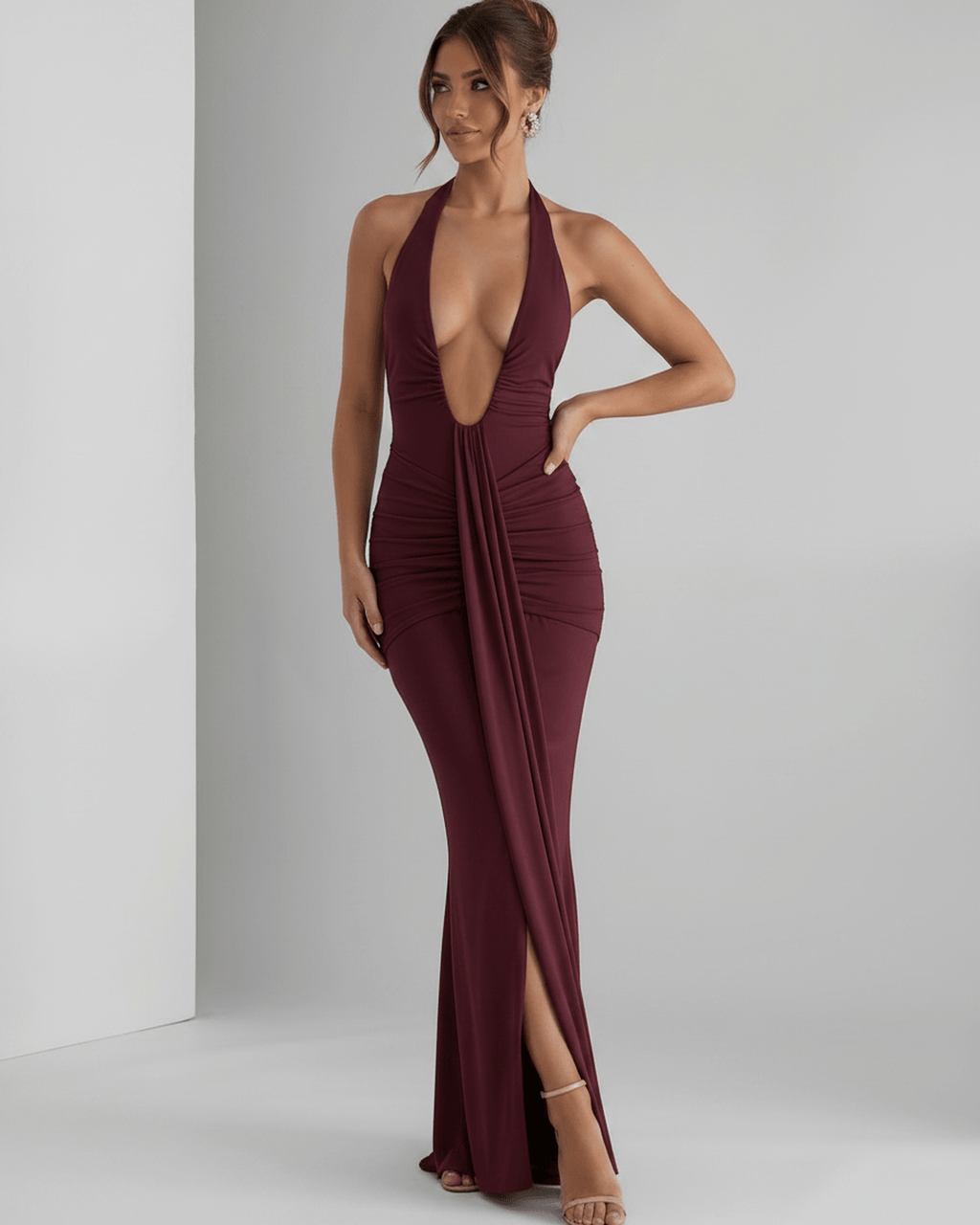 Aurelia Maxi Dress in burgundy, featuring stretch jersey, halter neck, sleek silhouette, and elegant ruching by Lauven.