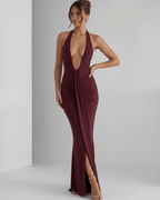 Aurelia Maxi Dress in burgundy, featuring stretch jersey, halter neck, sleek silhouette, and elegant ruching by Lauven.