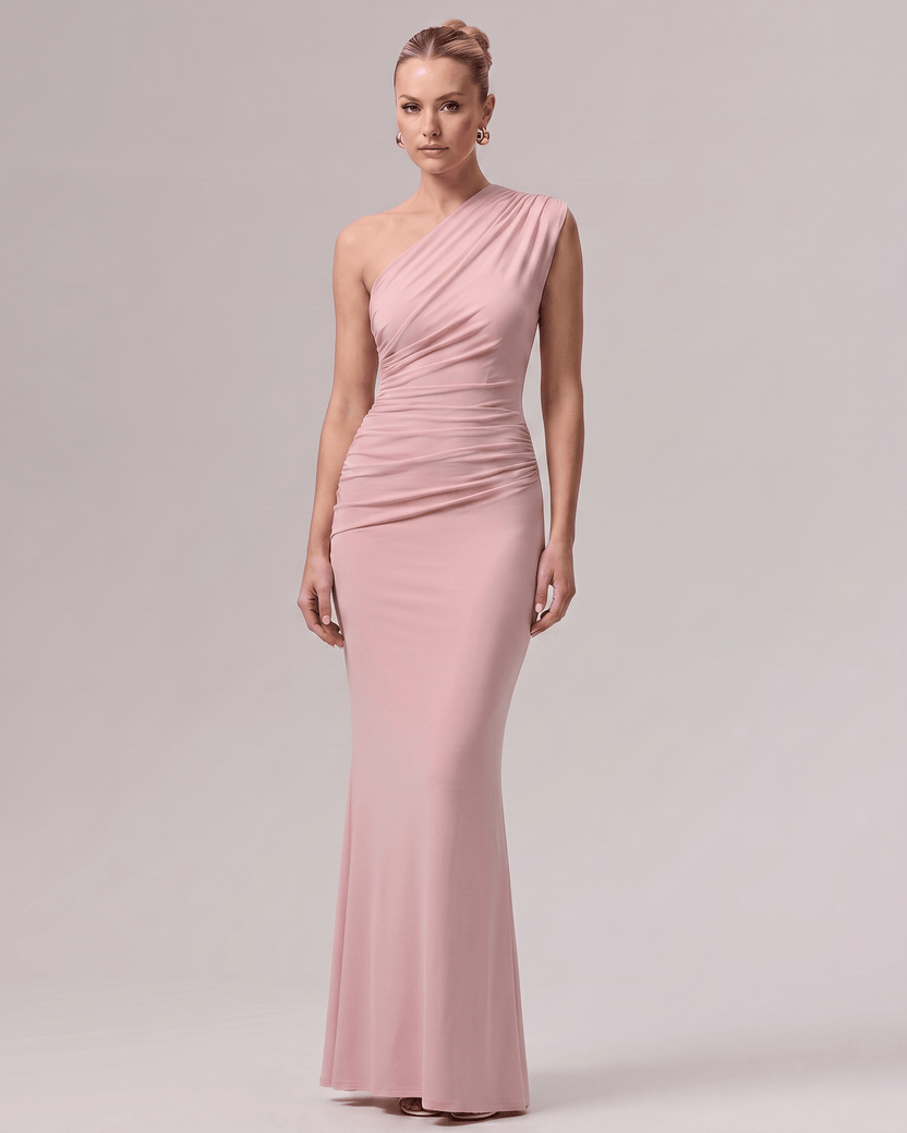 Aurelia Maxi Dress in soft pink stretch jersey, featuring a one-shoulder design and elegant silhouette by Lauven.