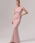 Aurelia Maxi Dress in soft pink, one-shoulder design with smooth stretch jersey, ideal for elevated occasions.