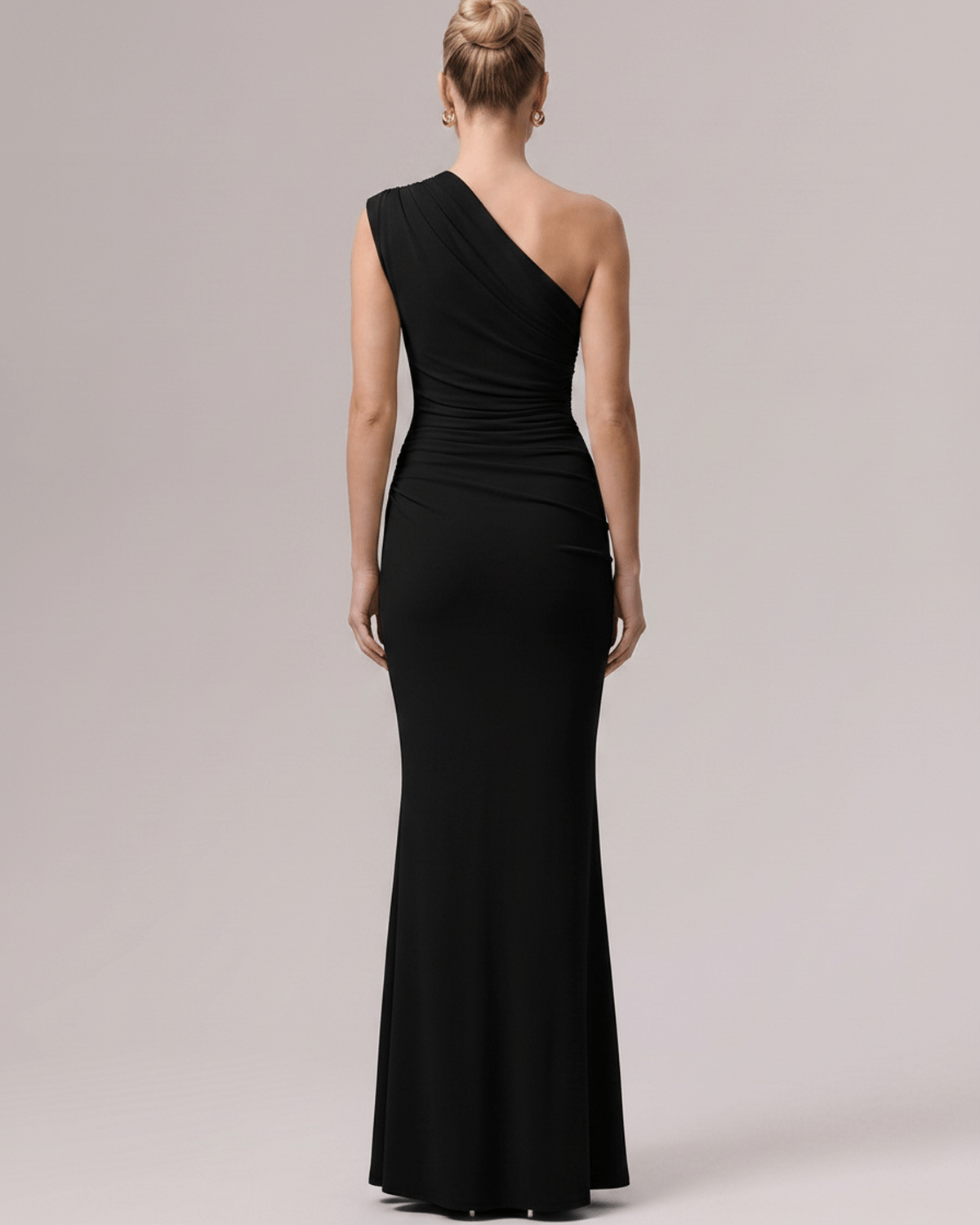 Aurelia Maxi Dress - elegant black stretch jersey, one-shoulder design enhancing silhouette, by Lauven.