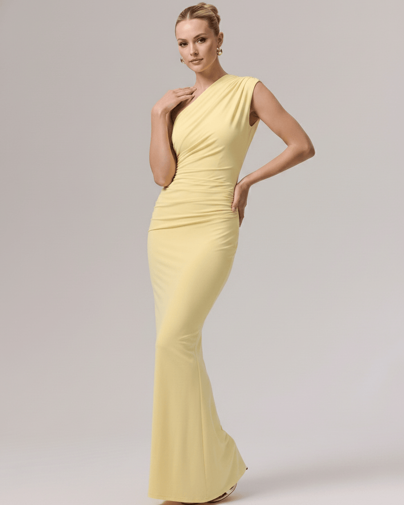 Aurelia Maxi Dress in soft yellow stretch jersey, featuring a one-shoulder design and elegant drape by Lauven.