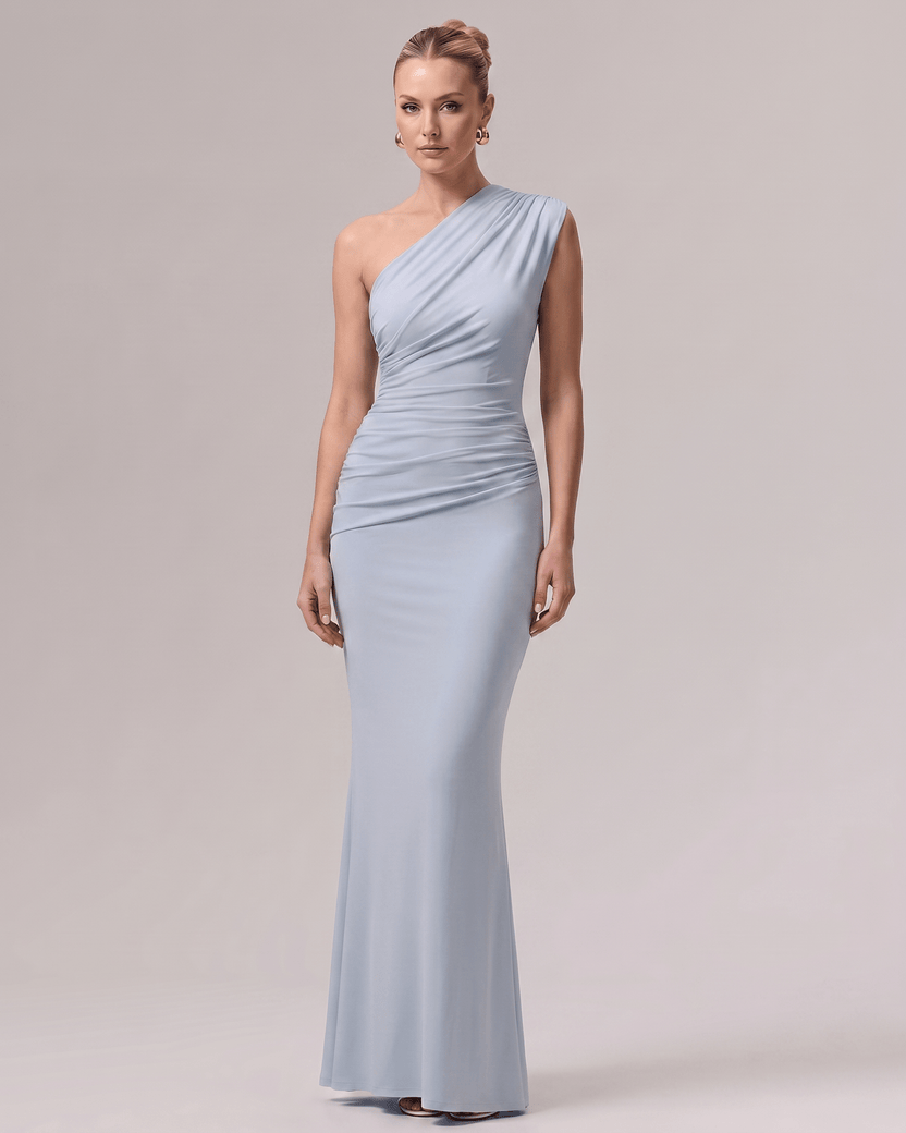 Aurelia Maxi Dress in light blue, one-shoulder design, smooth stretch jersey with soft gathering, perfect for formal occasions by Lauven.