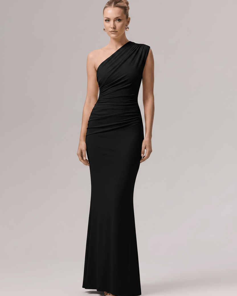 Aurelia Maxi Dress featuring a one-shoulder design in smooth stretch jersey, perfect for formal occasions, by Lauven.