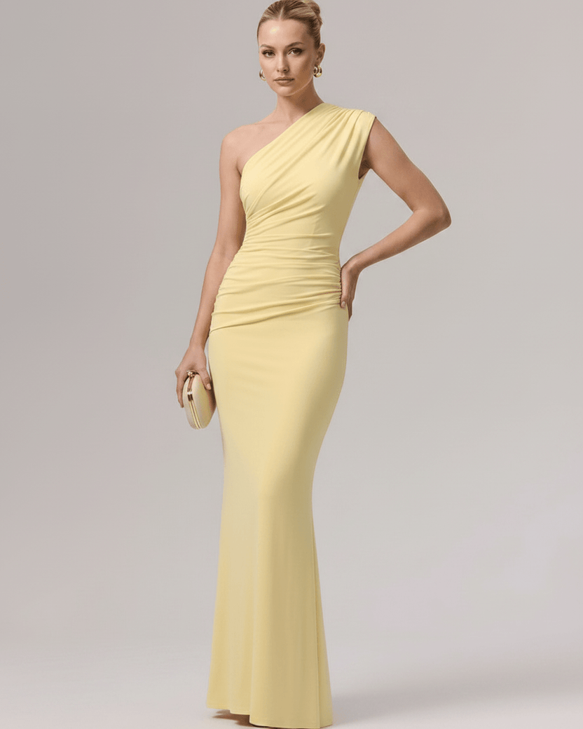 Aurelia Maxi Dress in yellow, one-shoulder style, smooth stretch jersey, elegant silhouette by Lauven.