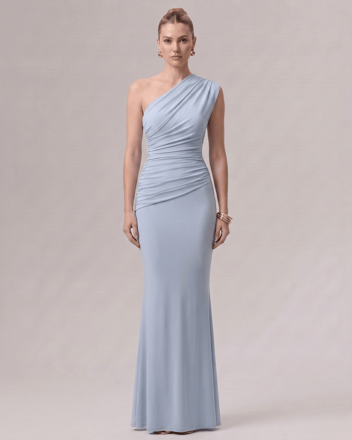 Aurelia Maxi Dress in soft blue, featuring one-shoulder design, smooth stretch jersey, refined silhouette by Lauven.