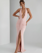 Aurelia Maxi Dress in soft pink stretch jersey with halter neck and flattering ruching details by Lauven.