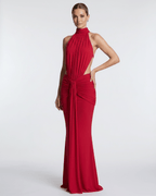 Aurelia Maxi Dress - Red sleek high neck gown, soft gathering at waist, by Lauven for a stunning evening look.