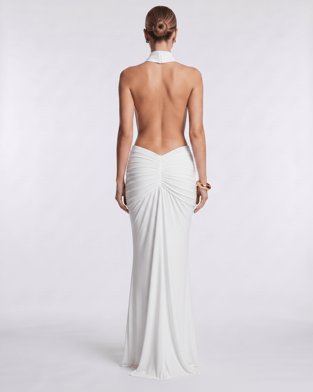 Aurelia Maxi Dress: back view, high neck, stretch fabric, body-skimming silhouette, by Lauven.