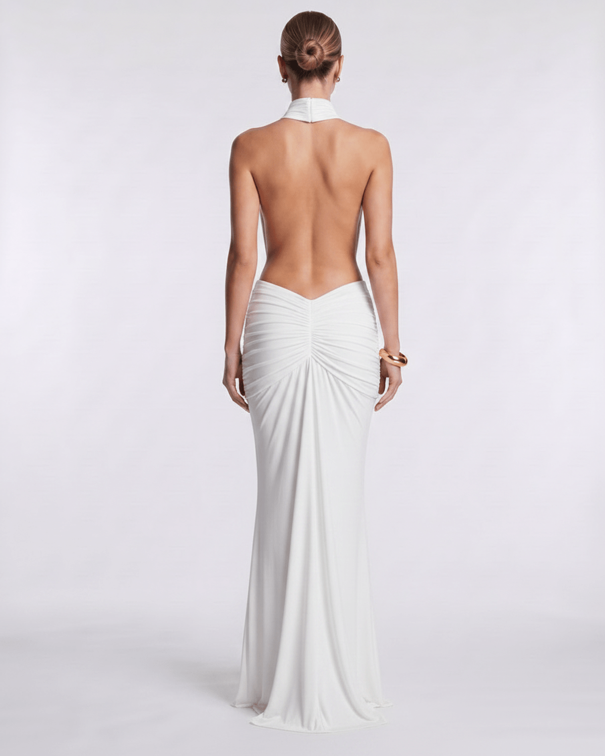 Aurelia Maxi Dress: back view, high neck, stretch fabric, body-skimming silhouette, by Lauven.
