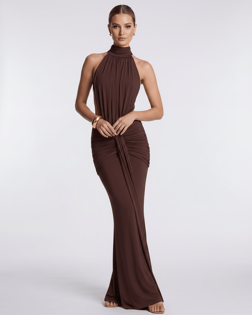 Aurelia Maxi Dress in brown, high neck design, soft gathered waist, smooth stretch fabric by Lauven.