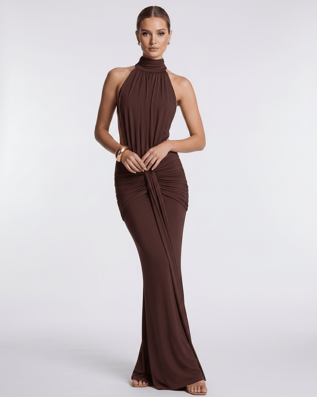 Aurelia Maxi Dress in brown, high neck design, soft gathered waist, smooth stretch fabric by Lauven.