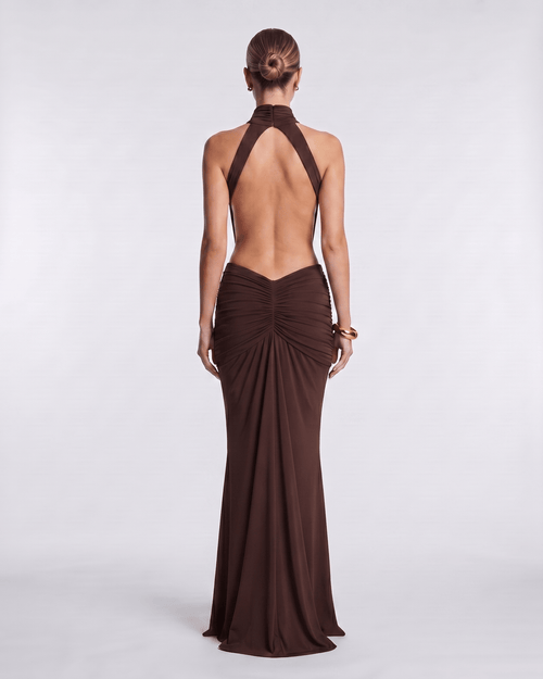 Aurelia Maxi Dress back view, high neck, soft gathering, sleek stretch fabric by Lauven for a modern evening look.