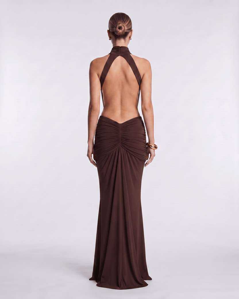 Aurelia Maxi Dress back view, high neck, soft gathering, sleek stretch fabric by Lauven for a modern evening look.