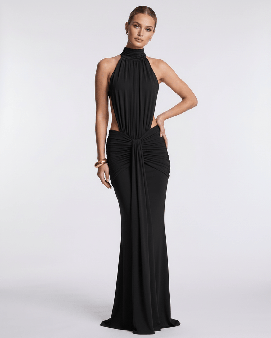 Aurelia Maxi Dress in black from Lauven, featuring high neck, stretch fabric, and elegant body-skimming silhouette.