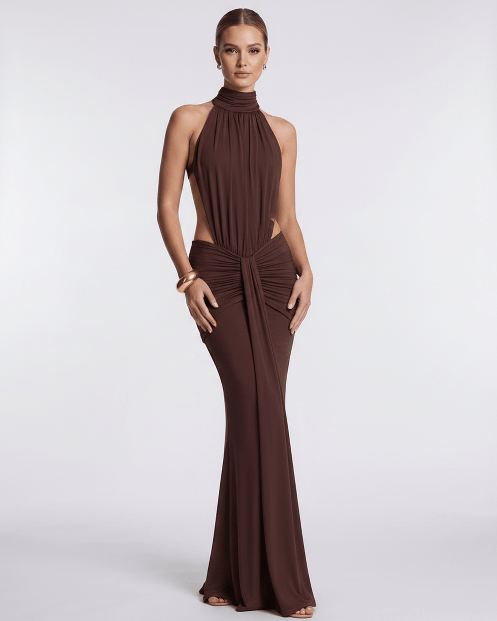 Aurelia Maxi Dress in rich brown, featuring a high neck, stretch fabric, and soft gathering perfect for evening elegance by Lauven.