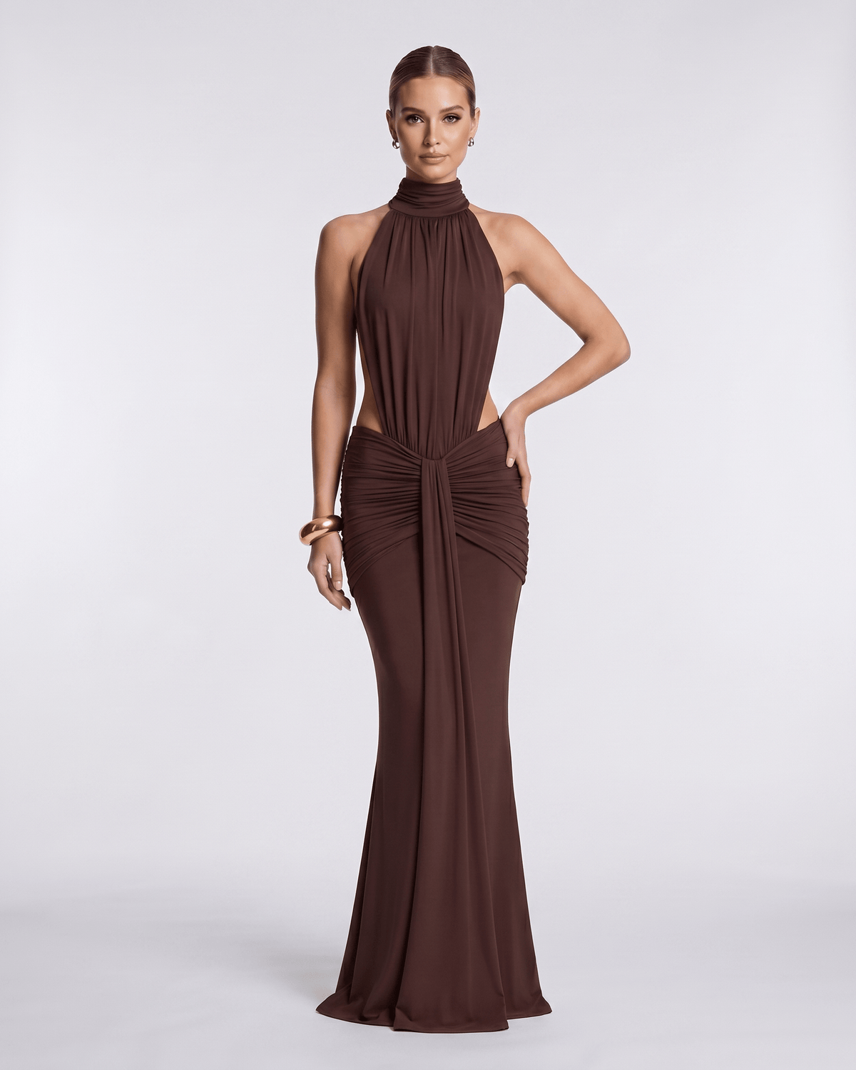 Aurelia Maxi Dress in rich brown, featuring smooth stretch fabric and a high neck, exuding elegance by Lauven.