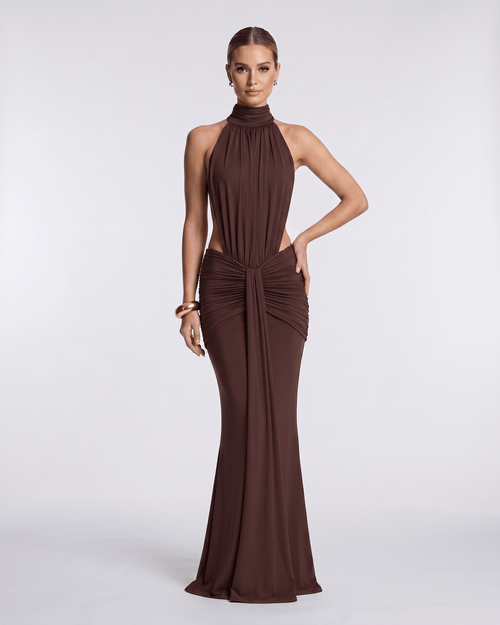 Aurelia Maxi Dress in rich brown, featuring smooth stretch fabric and a high neck, exuding elegance by Lauven.
