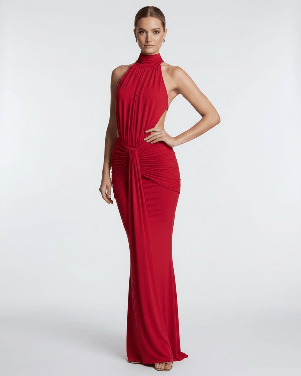 Aurelia Maxi Dress in red, featuring stretch fabric, high neck, and stylish waist gathering by Lauven.