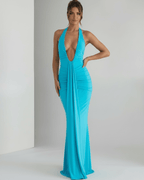 Aurelia Maxi Dress, smooth stretch jersey, halter neck, body-skimming fit, Lauven brand, ideal for elevated occasions.