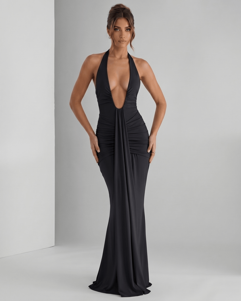 Aurelia Maxi Dress in black, featuring halter neck and stretch jersey fabric, designed for refined, modern occasions by Lauven.