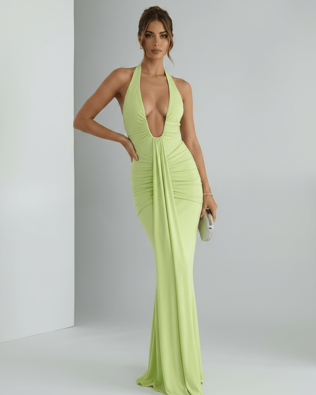 Aurelia Maxi Dress in vibrant green, featuring a halter neck, ruching, and smooth stretch jersey for a chic look by Lauven.