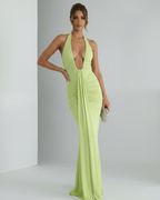 Aurelia Maxi Dress in vibrant green, featuring a halter neck, ruching, and smooth stretch jersey for a chic look by Lauven.