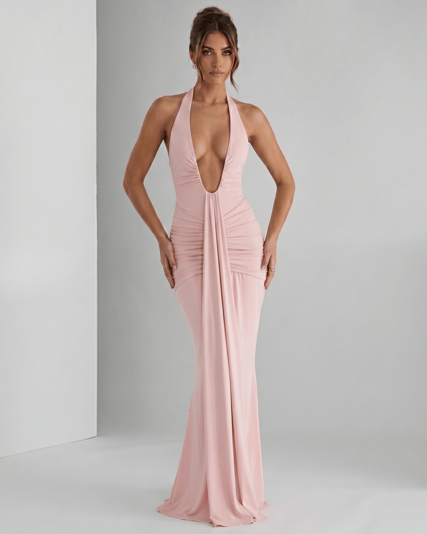 Aurelia Maxi Dress by Lauven, featuring stretch jersey fabric, halter neck, and a sleek, body-skimming silhouette.